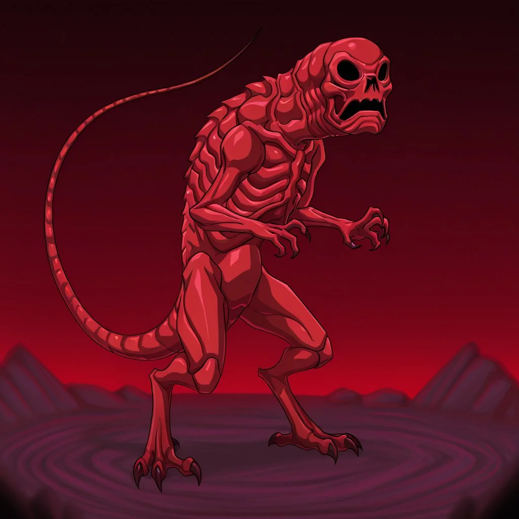 masterpiece, high quality, absurdres,
CreepyRed, tail, creepyred4, standing, 1boy, claws, ribs, skeleton, alien, full body, four arms, 3-clawed hands, bird talon, red skin, solo, hollow eyes, monster, no humans, no humans,