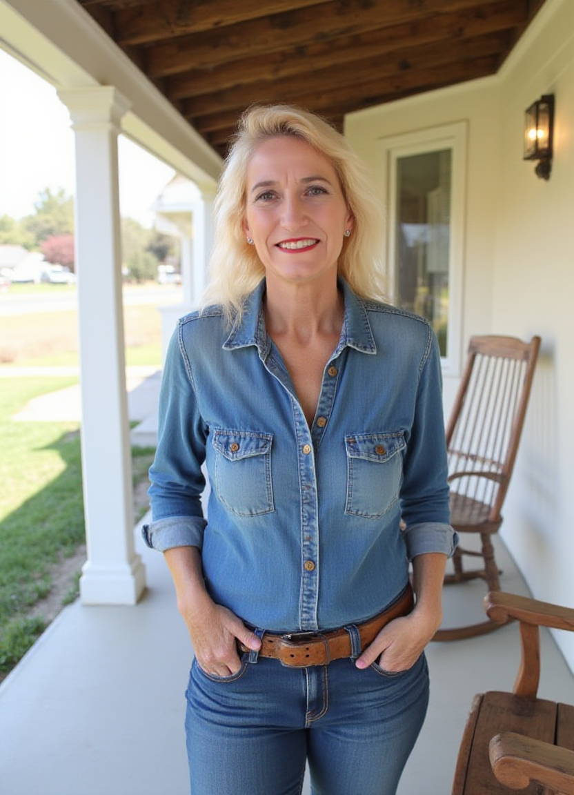 SFW, The image is a portrait of a woman standing on a porch with a wooden pergola. She is wearing a denim shirt with a button-down collar and blue jeans. She has a brown belt around her waist and her hands are in her pockets. The woman has e hair styled in loose waves and is looking off to the side with a slight smile on her face. In the background, there is a wooden rocking chair and a white wall with a window. The sky is blue and the grass is green, suggesting that the photo was taken during the day., aidmaimageupgrader<lora:flux\custom\adult\amber-conners.safetensors:1.0:1.0> <lora:turbo-8-step-flux.safetensors:0.5:0.5> <lora:flux\style\Common\aidmaImageUprader-FLUX-v0.3.safetensors:0.25:0.25>