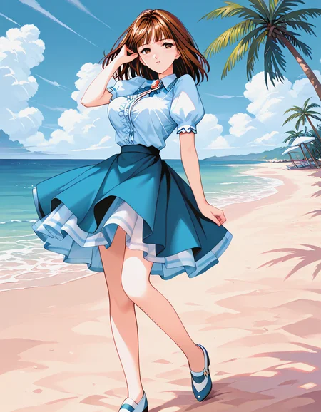 score_9, score_8_up, score_7_up, source_anime, masterpiece, high quality, 1girl,
<lora:ShirakawaReiko_Pony_v01:1> shirakawareiko, brown hair, brown eyes, shirt, puffy sleeves, brooch, skirt, shoes, large breasts, beach, blue sky, :D, looking at viewer, palm trees