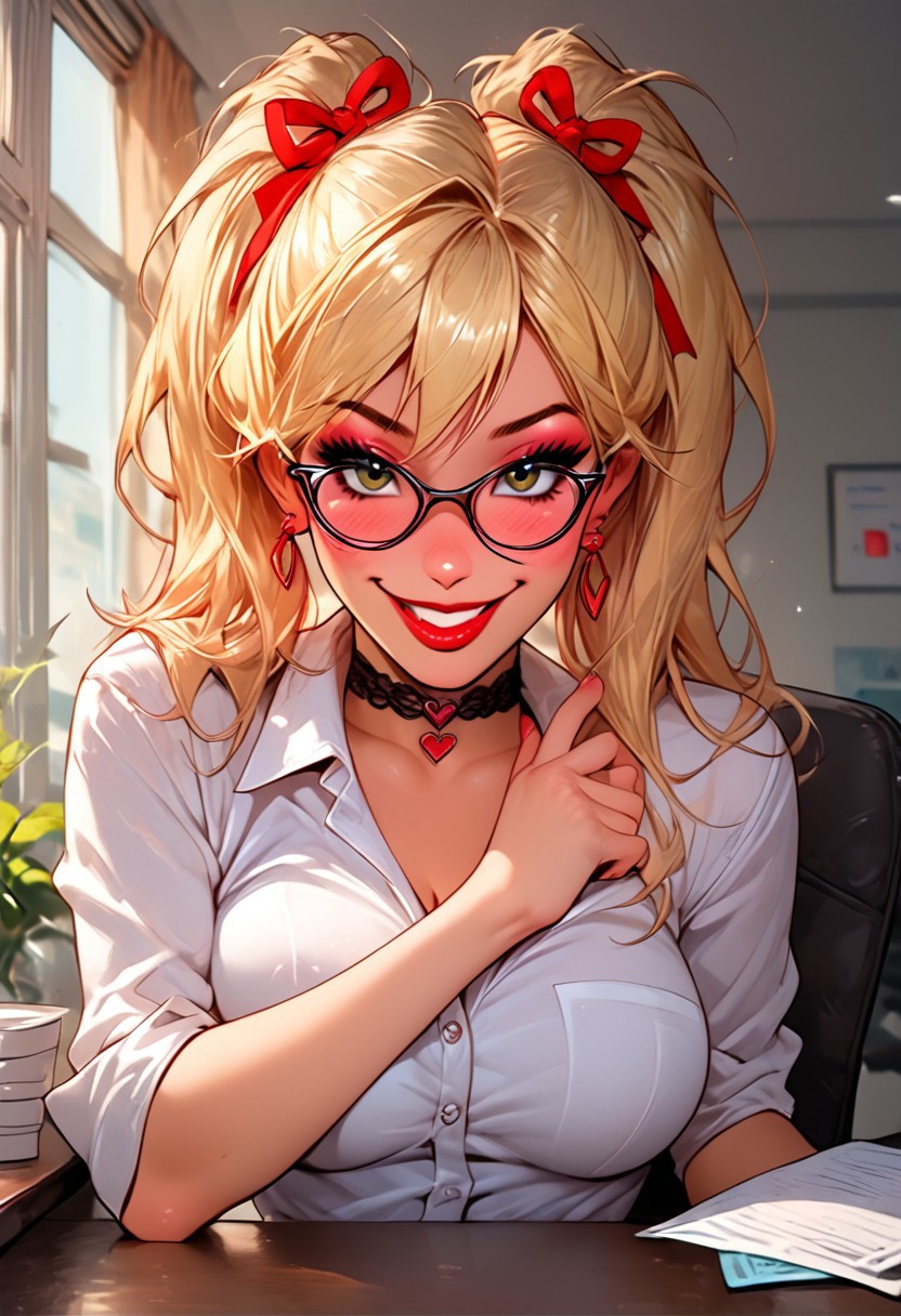 score_9, score_8_up, score_7_up,score_6_up, rating_safe, 1girl, office, office desk, window, (((view from front))), cute pose, sexy pose, (((female smile))),
BREAK
flirty, mischief, naughty, inviting,  blushing, 
MandyDY, 1girl, blonde hair, (((twintails))), secretary outfit, makeup, lipstick, eyeliner
petite girl, large breasts, flat tummy, thin hips, curvy legs, heart-shaped ass, eyeshadow, eyeliner, (black lipstick), blush, eyeglasses, choker,
sexy pose, cute pose, indoors, day time,