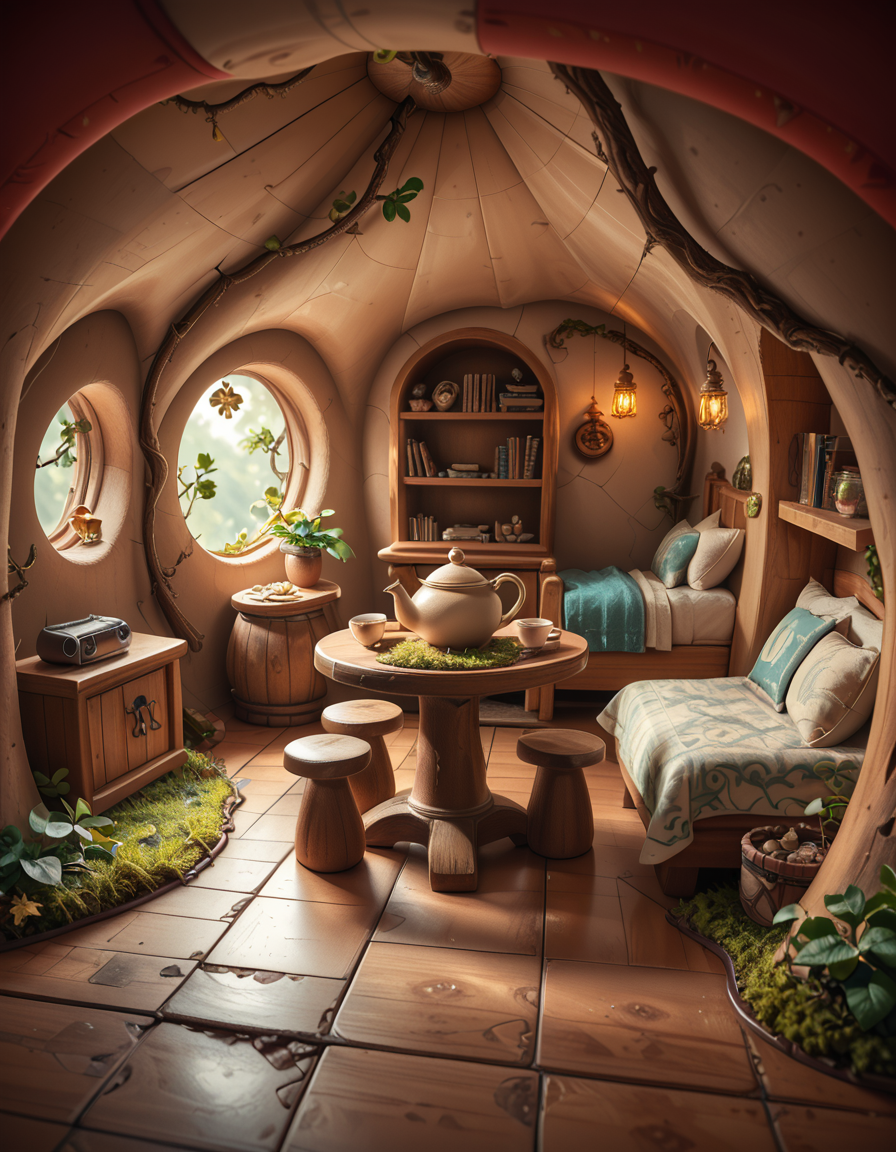 score_9, score_8_up, score_7_up,amazing quality, ultra realistic, 3D, HD, best quality, amazing quality, very aesthetic, absurdres
A highly detailed, realistic photograph of a tiny gnome house nestled at the base of an ancient oak tree, taken in soft morning light with a gentle mist hanging in the air. The house is crafted from natural materials: smooth stones form the lower walls, and curved wooden planks create a round, thatched roof with patches of moss and small wildflowers growing on top. Tiny circular windows with stained glass panels glow faintly from within, casting warm amber and green hues. A miniature wooden door with intricate carvings sits slightly ajar, surrounded by tiny lanterns that hang from delicate hooks, each softly glowing. Around the house, the forest floor is covered in dew-kissed clover, mushrooms of varying sizes and colors, and winding little cobblestone paths. In the background, tall ferns and oversized leaves tower, giving the scene an enchanted, hidden feel. Subtle rays of sunlight break through the canopy above, highlighting fine details with a dreamy, ethereal atmosphere. Hyper-realistic style, high-resolution, rich earthy tones, with an overall cozy and magical woodland vibe. No creatures or people, only nature and the charming architecture of the gnome's home.
<lora:SDXLFaeTastic2400:0.4> <lora:extremely_detailed:0.4> extremely detailed,tiny gnome h0us3 <lora:tiny_gnome_h0us3-p:1>