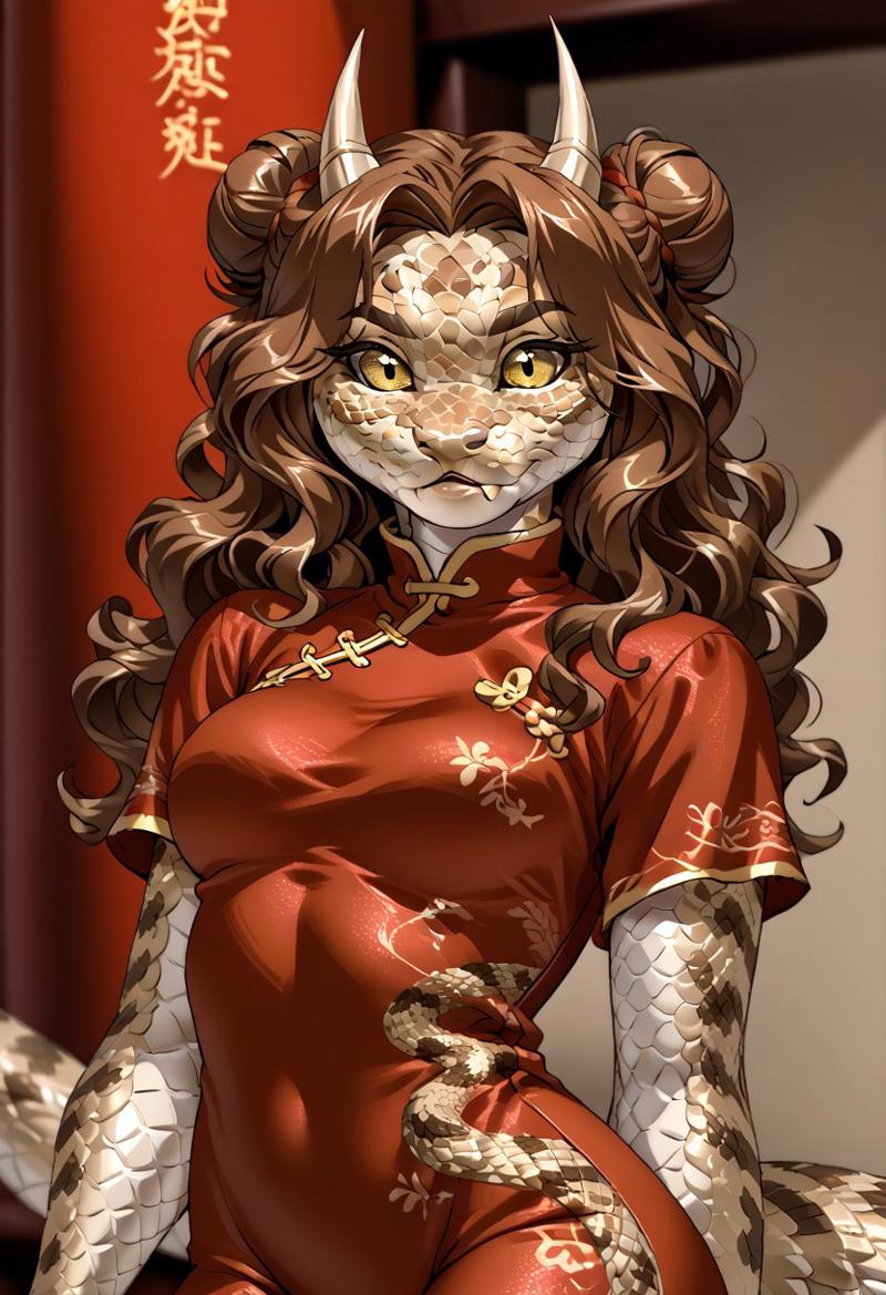 score_9, score_8_up, score_7_up, (by jailbird:1.5), (by kittydee:1.5), (by zummeng:1.5), masterpiece, best quality, (solo),  
(Furry Art: anthro: saharan horned viper:1.5), 1girl, expressive eyes, feminine eyes, <lora:beautiful_detailed_eyes:1>, perfect face, snake, reptile, horned eyebrows, scales, multicolored scales, light brown scales, brown spots, white scales, snake eyes, yellow eyes, (brown hair:1.5), (wavy hair), (chinese hair buns), medium breasts, (chinese style shirt:1.5), (tight pants:1.5),