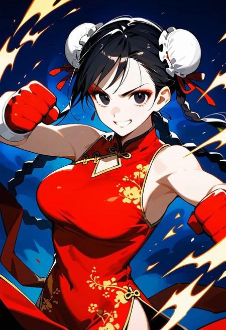 score_9, score_8_up, score_7_up, source_anime, Yuzuha Lee,1girl,solo,breasts,looking at viewer,smile,large breasts,black hair,gloves,dress,bare shoulders,braid,sleeveless,hair bun,black eyes,double bun,makeup,chinese clothes,clenched hand,china dress,aura,punching,