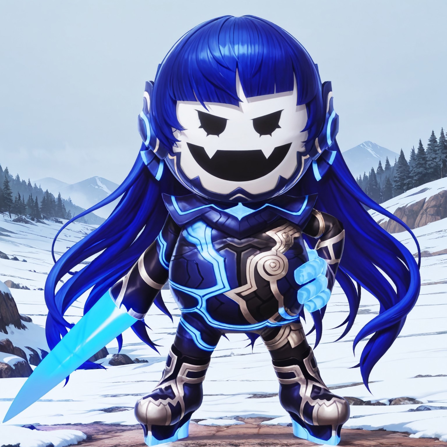 uncensored, masterpiece, best quality, highly detailed, realistic, solo, Nahobeeho, humanoid, ambiguous gender, blue hair, very long hair, hime cut, black eyes, mob face, flesh fangs, white body, white skin, blue bodysuit, multicolored bodysuit, full body suit, arm weapon, light-blue plasma sword, blue fingers smile, open mouth, looking at viewer, standing, hand on hip, 4 fingers, mountains, snow, foggy, detailed background