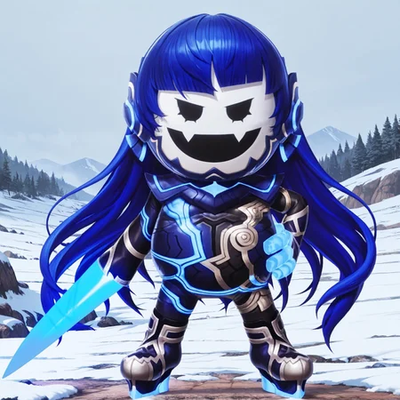 uncensored, masterpiece, best quality, highly detailed, realistic, solo, Nahobeeho, humanoid, ambiguous gender, blue hair, very long hair, hime cut, black eyes, mob face, flesh fangs, white body, white skin, blue bodysuit, multicolored bodysuit, full body suit, arm weapon, light-blue plasma sword, blue fingers smile, open mouth, looking at viewer, standing, hand on hip, 4 fingers, mountains, snow, foggy, detailed background