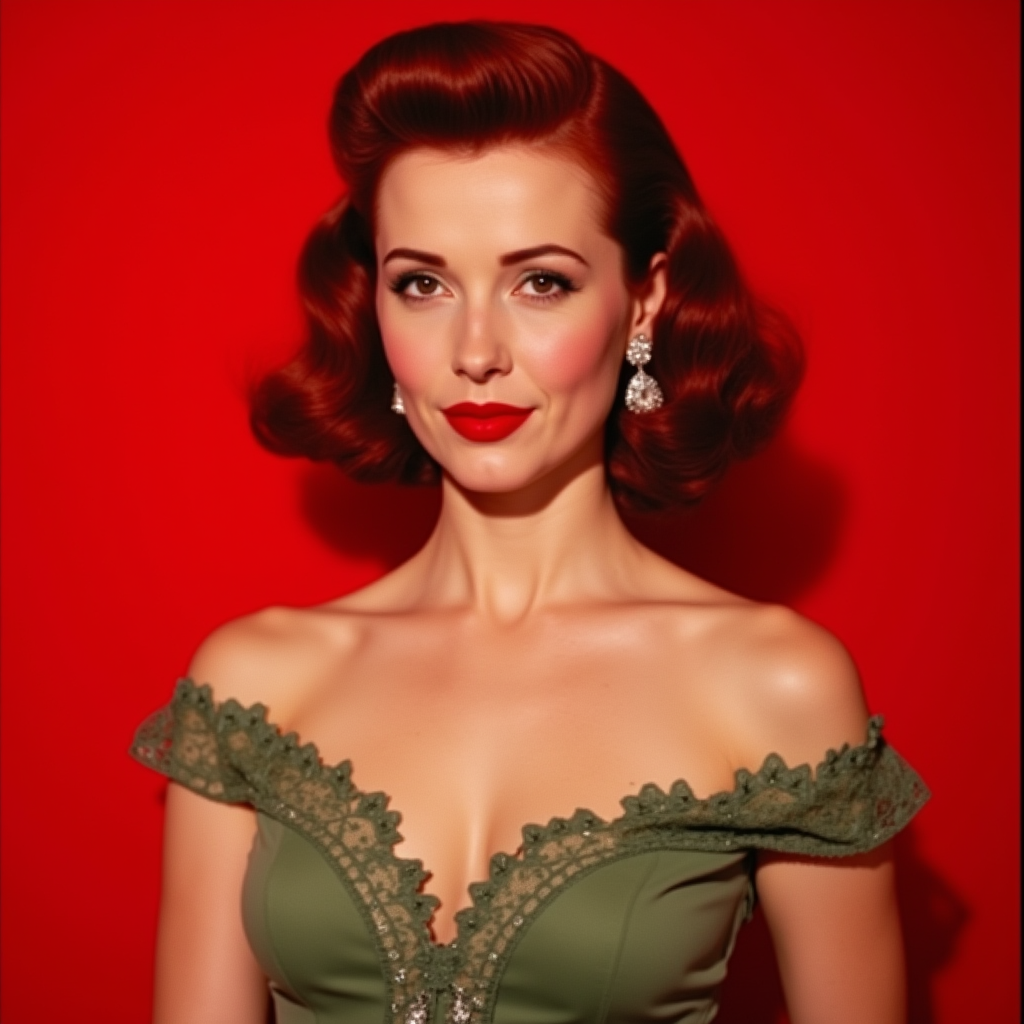<lora:Technicolor style v2:1>
In the 1950's a woman with red hair and a dress,1girl,solo,breasts,looking at viewer,simple background,brown hair,dress,cleavage,bare shoulders,jewelry,upper body,earrings,mole,lips,makeup,lipstick,lace,red background,realistic,red lips , vivid color, cinematic look, film look, filmic, contrast, detailed, high quality, sharp image, film color, Kodak, Motion Picture, Film style, different color, vivid color, different people, different look, different style, 35MM Film, 16MM Film, Photographic film, artistic style, cinematic style, film granularity, film noise, image noise, artistic effect, Fujicolor, Fuji film, Analog photography, movie style, movie still, Film grain overlay, Film Grain style, Technicolor style