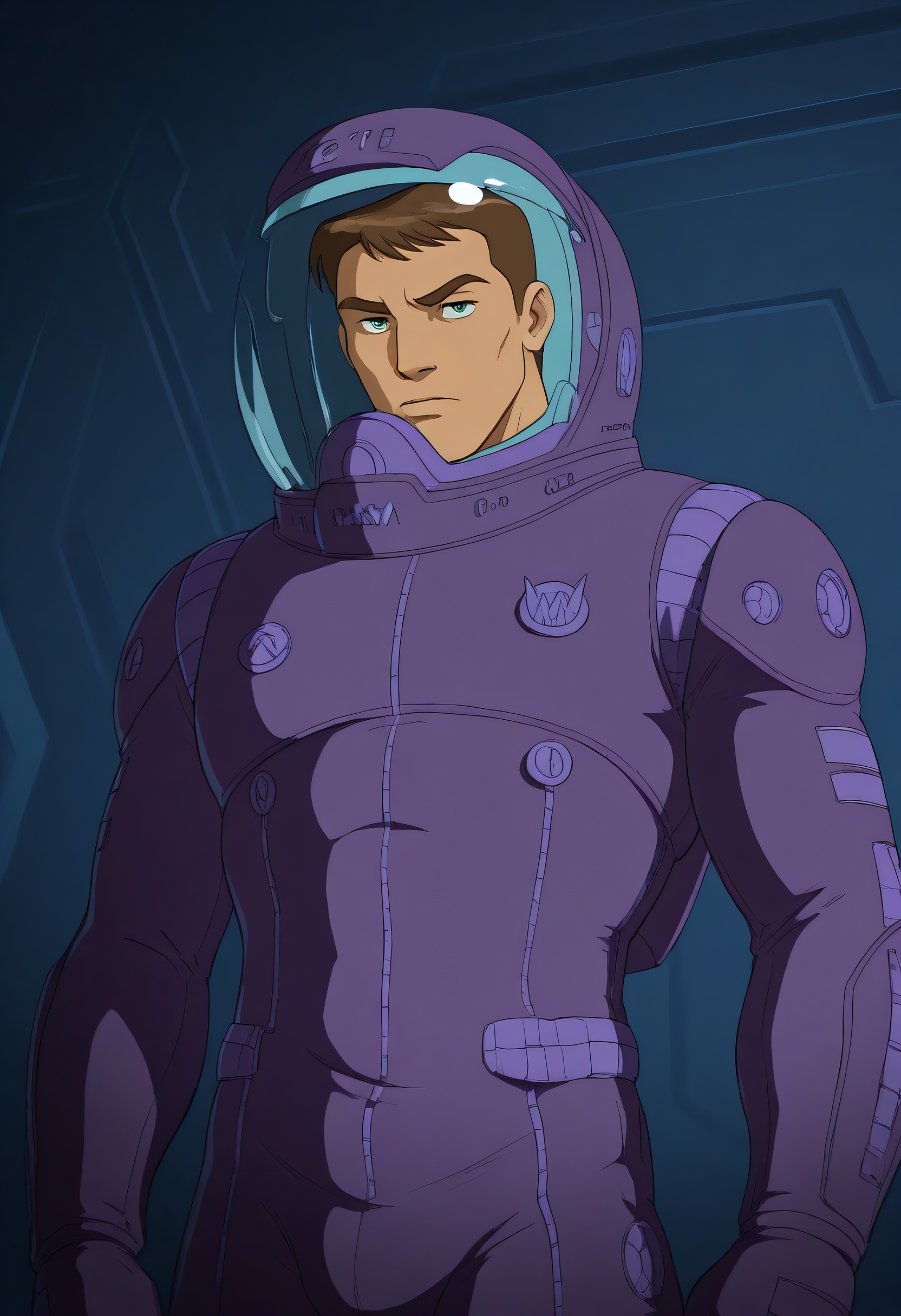 embedding:Illustrious\Positive\IllustriousQual, embedding:Illustrious\Positive\IllusP0s,  1boy, solo, male focus, timscam_ts!, brown hair, short hair, green eyes, spacesuit, helmet, science fiction, spaceship interior, cockpit, control, buttons, best quality, high resolution,