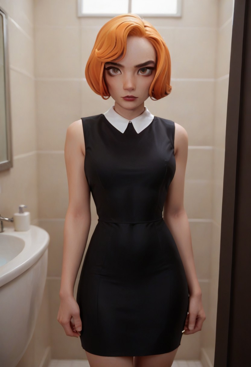 score 9, score_8_up, score_7_up, 1girl, attractive, sexy, solo, bethh, cowboy shot, looking at viewer, black dress, collared dress, bethhb, orange hair, makeup, in bathroom