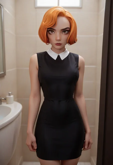 score 9, score_8_up, score_7_up, 1girl, attractive, sexy, solo, bethh, cowboy shot, looking at viewer, black dress, collared dress, bethhb, orange hair, makeup, in bathroom