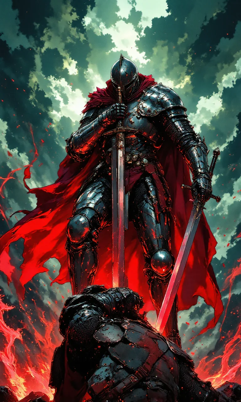 a digital illustration depicting a knight in full armor, engaged in a fierce battle, the knight stands tall, with his back to the viewer, holding a large, double-bladed sword with a red sheath draped over his shoulder, his armor is intricately designed with a mix of metallic and leather textures, reflecting the light, the background features a dramatic, ethereal scene with swirling, dark clouds and a hint of greenish hues, suggesting a stormy sky, in the foreground, another knight, partially obscured by the knight's armor, stands at the base, his lower body visible, with a focused expression and a determined stance, the scene is chaotic, with red smoke and debris scattered around, adding to the sense of chaos and intensity, the overall style is reminiscent of medieval fantasy art, with bold, contrasting colors and intricate, detailed textures, the illustration captures the intensity and power of a knight's heroic act, emphasizing their strength and readiness for battle