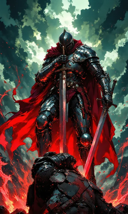 a digital illustration depicting a knight in full armor, engaged in a fierce battle, the knight stands tall, with his back to the viewer, holding a large, double-bladed sword with a red sheath draped over his shoulder, his armor is intricately designed with a mix of metallic and leather textures, reflecting the light, the background features a dramatic, ethereal scene with swirling, dark clouds and a hint of greenish hues, suggesting a stormy sky, in the foreground, another knight, partially obscured by the knight's armor, stands at the base, his lower body visible, with a focused expression and a determined stance, the scene is chaotic, with red smoke and debris scattered around, adding to the sense of chaos and intensity, the overall style is reminiscent of medieval fantasy art, with bold, contrasting colors and intricate, detailed textures, the illustration captures the intensity and power of a knight's heroic act, emphasizing their strength and readiness for battle