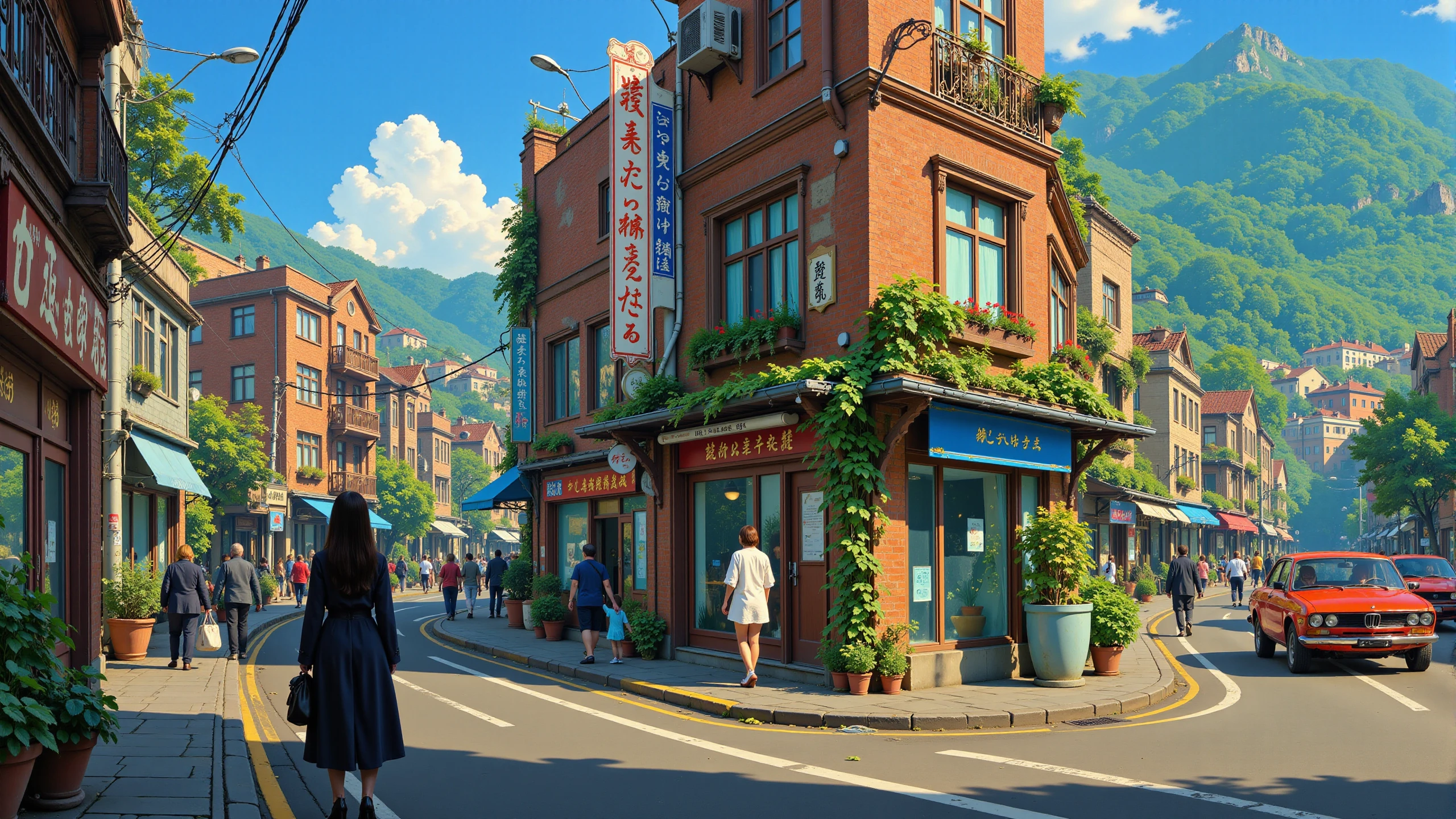 busy street beautiful  landscape, early morning, woman, very intricate, very detailed, sharp, bright, colorful, <lora:Hand v2:0.5> <lora:Anti-Blur:1><lora:Insane Detail Slider:0.25>  <lora:flux.1_lora_flyway_Epic-detail_v2:0.3> <lora:fluxenhancer:0.25> <lora:Anime_style:0.6> anime style