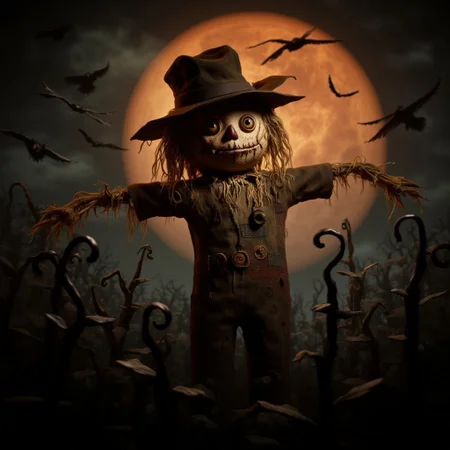 An epic scene featuring a cute but spooky scarecrow standing tall in a dark, eerie cornfield. The scarecrow has button eyes and a friendly, stitched smile, with patches on its tattered clothes giving it an endearing, hand-made feel. Its straw-filled arms are outstretched, wearing an oversized, slightly crooked hat that casts a shadow over its face. The scene is illuminated by a glowing orange harvest moon in the background, casting a warm but eerie light over the scarecrow and the twisted, dried cornstalks around it. Faint fog rolls through the field, while crows fly overhead, silhouetted against the moonlit sky. Despite its spooky setting, the scarecrow has a playful charm, making it both enchanting and ominous, perfect for Halloween