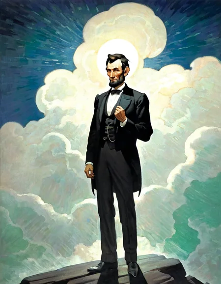 a Wyeth painting depicting a striking portrait of a Abraham Lincoln in formal attire, embodying a sense of strength and determination. He is dressed in a black suit and bow tie, with a white shirt peeking at the collar. His expression is serious, with a slight furrow in his brow and piercing gaze that conveys authority and contemplation. The background features a dramatic arrangement of clouds in various shades of blue and white, evoking a sense of grandeur and intensity. The lighting appears to be coming from behind him, illuminating his figure against the darker sky, which adds a halo-like effect. This artwork is characterized by its bold brushwork and rich color palette, emphasizing the contrast between the figure and the ethereal background. The composition draws attention to the man's poised stance, with his hands raised slightly, suggesting an introspective moment. 
.<lora:NCWyeth1-000005:1>