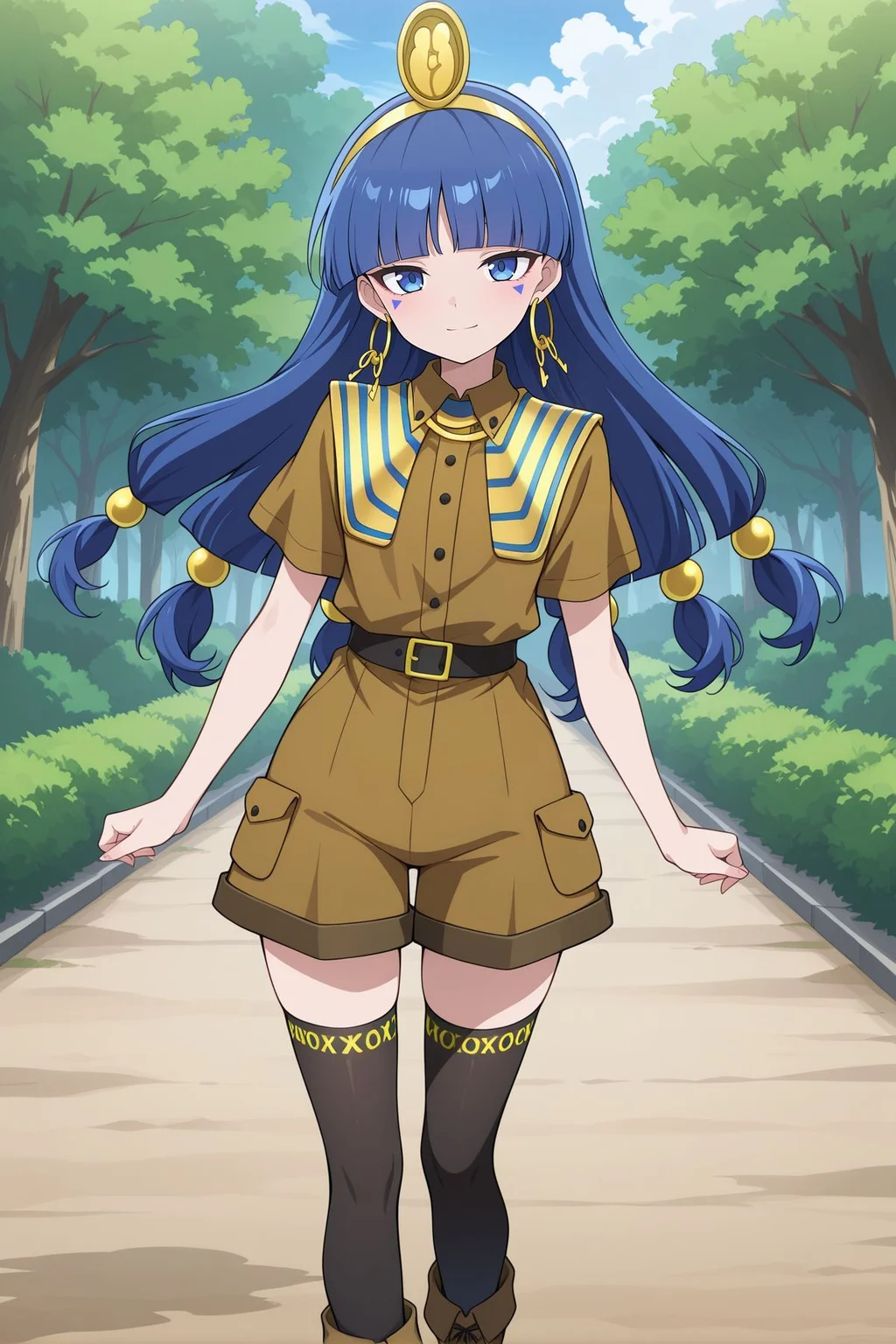 absurdres, highres, masterpiece, best quality, amazing quality, official anime artwork, screencap, anime screencap, outdoors, looking at viewer, light smile, dynamic pose, standing,
 <lora:Nareko-Michigami_Illustrious:1> michigami nareko, 1girl, solo, blue eyes, blue hair, low-tied long hair, blunt bangs, triangle facial mark,, gold headdress, hair ornament, hoop earrings, usekh collar, gold jewelry, brown shirt, gold armlet, brown shorts, black thighhighs, brown boots,
