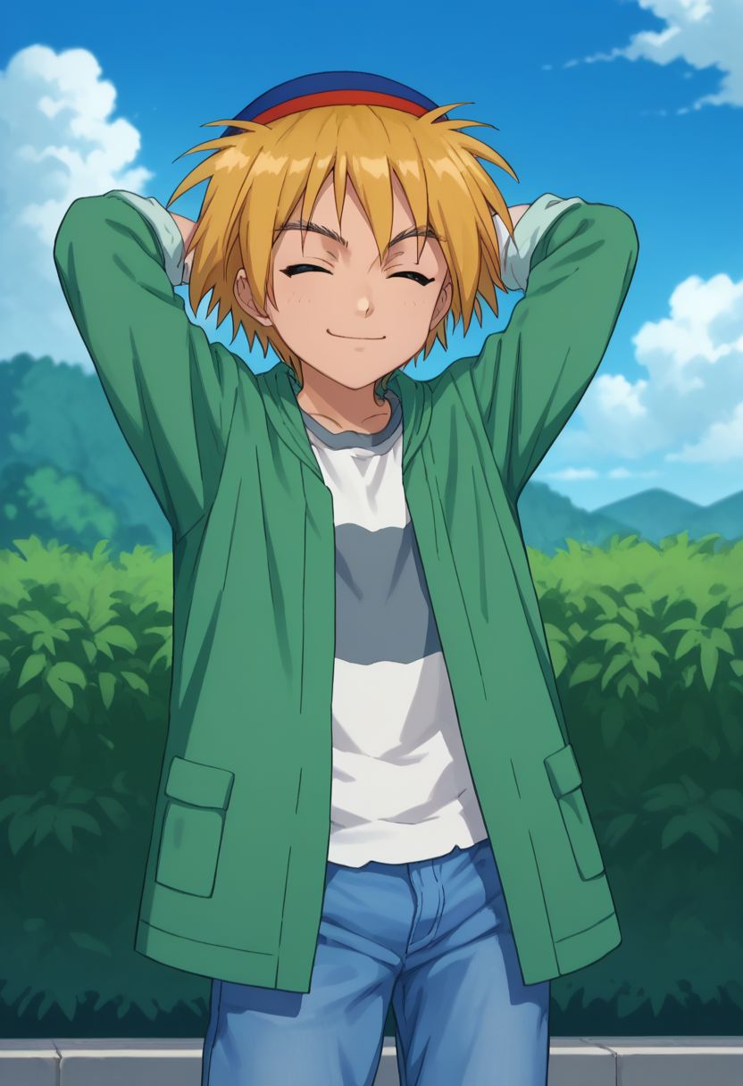 score_9, score_8_up, score_7_up, source_anime, highly detailed, 
kaito, 1boy, solo, closed eyes, smile, blonde hair, pants, hat, short hair, jeans, shirt, denim, green coat, hands behind head, upper body,
outdoor, sky, clouds,