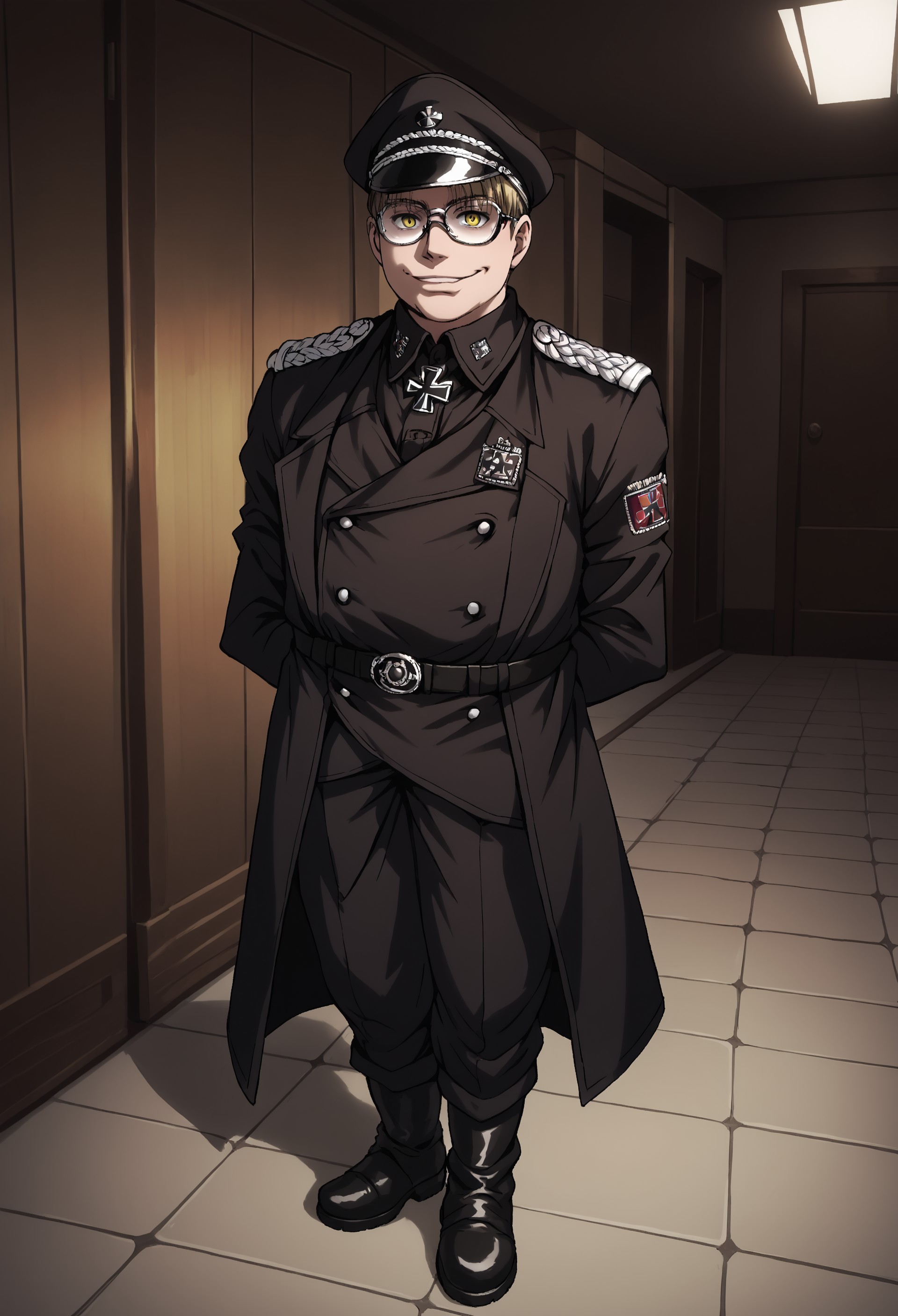 score_9, score_8_up, score_7_up, masterpiece, best quality, amazing quality, very aesthetic, absurdres, TheMajor, fat, 1boy, solo, male focus, blonde hair, short hair, yellow eyes, glasses, BlackMajor, black peaked cap, black jacket, collared jacket, iron cross, white shoulder boards, black belt, black jodhpurs, black boots, standing, arms behind back, standing, indoors, dark, smile, partially opaque glasses, perspective