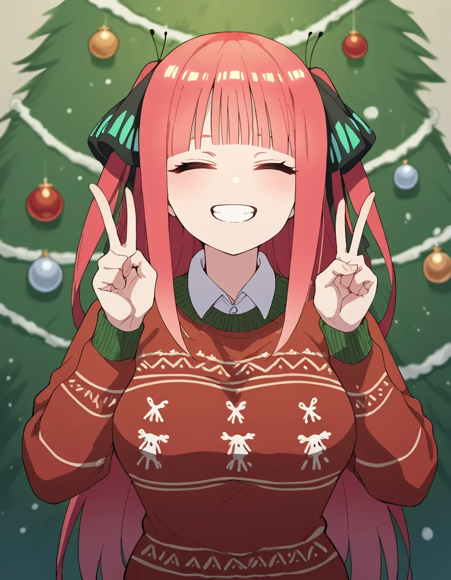 score_9, score_8_up, score_7_up, source_anime, <lora:nnakano-s2-ponyxl-lora-nochekaiser:1>, long hair, bangs, hair ornament, hair ribbon, pink hair, blunt bangs, two side up, butterfly hair ornament, large breasts,, <lora:christmas-sweater-ponyxl-lora-nochekaiser:1>, christmas sweater, christmas, ugly sweater, print sweater, red sweater, christmas tree, christmas ornaments, sweater, multicolored sweater, , v, smile, hands up, teeth, closed eyes, cowboy shot,