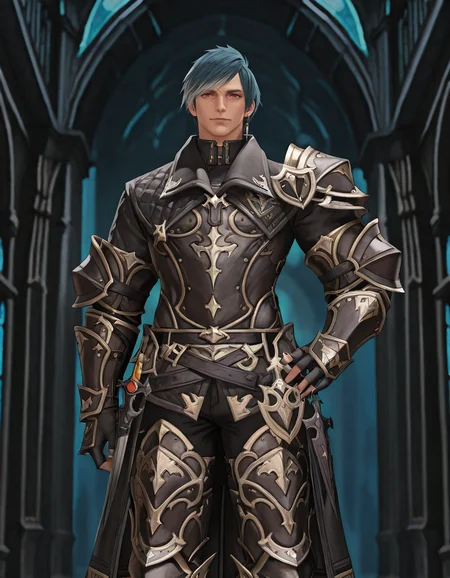 masterpiece, best quality, newest, perfect quality, intricate details, detailed background, male focus, realistic, solo, <lora:FFXIV - Granson Ketchthane - Illustrious-000004:0.8> granson_ffxiv, 1boy, hyur, red eyes, nose scar, teal hair, multicolored hair, single earring, single pauldron, coat, gauntlets, fingerless gloves, pants, armored boots, looking at viewer, hand on own hip