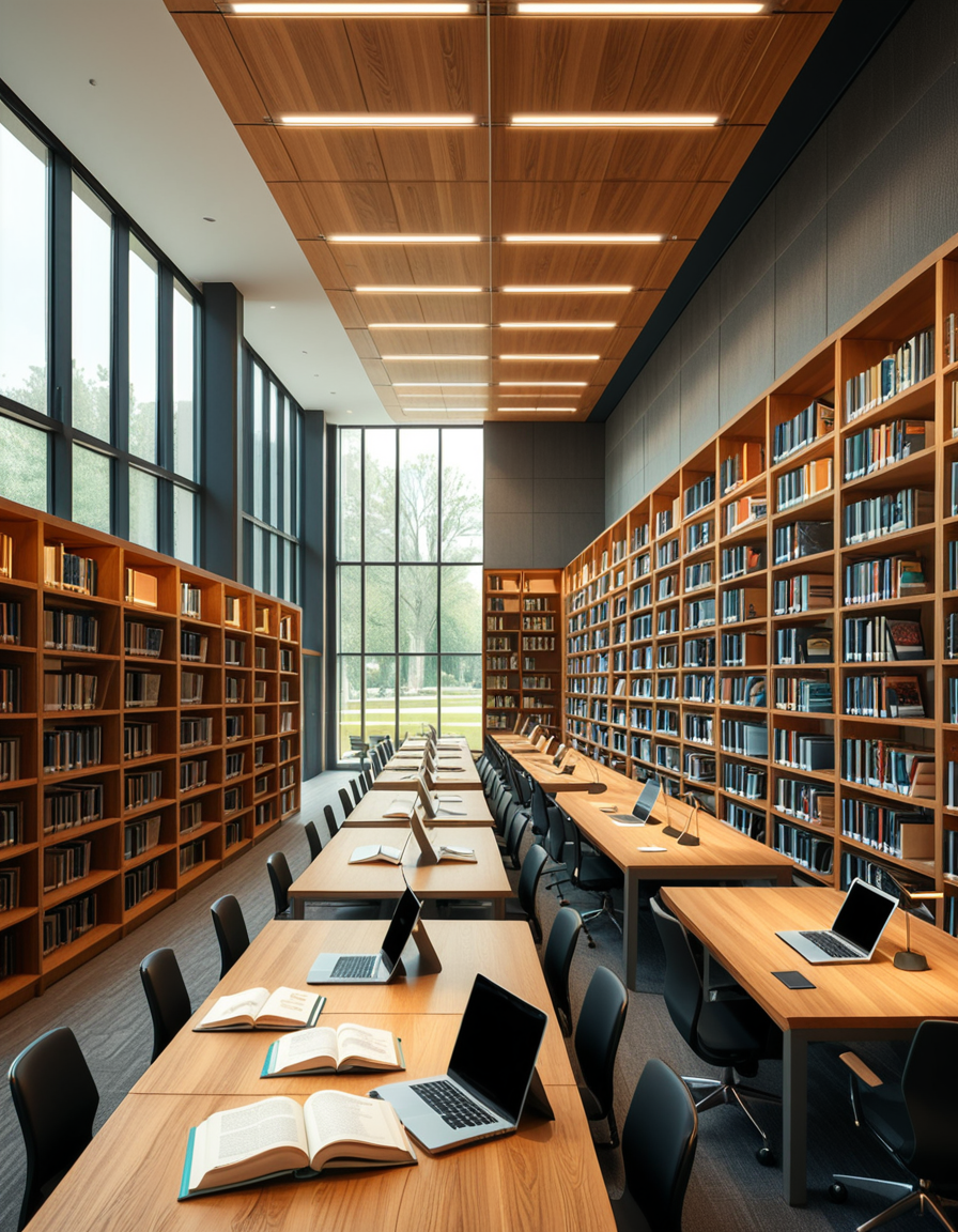 A high-resolution, ultra-realistic photograph of a modern college library interior. The scene showcases a spacious, open-plan design with large floor-to-ceiling windows allowing natural daylight to flood the space. The architectural style is contemporary, featuring minimalist furniture with clean lines: sleek wooden tables, ergonomic chairs in neutral tones (gray and beige), and built-in bookshelves made of light oak wood.
In the foreground, a group of diverse students (varied ethnicities and genders) are quietly studying, some using laptops, others reading books, with focused, calm expressions. One student is sipping coffee from a reusable cup.
The background displays rows of neatly organized books, indoor plants adding a touch of greenery, and modern pendant lights hanging from the ceiling, providing warm, ambient lighting. The floor is covered with soft gray carpet, and large abstract paintings decorate the walls, contributing to a cozy and intellectual atmosphere.
The overall mood is peaceful, studious, and inspiring, with balanced natural and artificial lighting, crisp details, and realistic textures, captured as if by a professional architectural photographer using a full-frame camera.
 <lora:SDXLFaeTastic2400:0.4> <lora:extremely_detailed:0.4> extremely detailed,<lora:modern_c0ll3g3_l1br4ry:1>,modern c0ll3g3 l1br4ry, Masterpiece,best quality,hi res,8k,hi res,8k,award winning,(sharp focus, intricate, highly detailed),