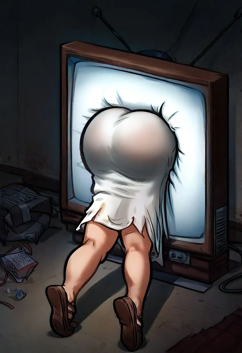 score_9, score_8_up, score_7_up, pov, throughscreen, 1girl, theonryoxl, white dress, legs, lower body, ass, static, tv, stuck, scary dark room, huge ass, bare ass, exposed ass, bare skin, Drawn in the style of Summertime Saga