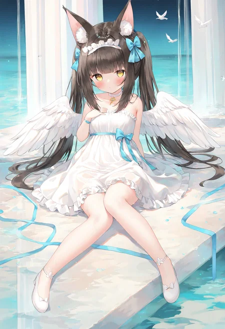 1girl, nagato \(azur lane\), 
animal ears, dress, wings, solo, fox ears, long hair, twintails, breasts, yellow eyes, animal ear fluff, hair bow, collarbone, white dress, bow, hairband, frilled dress, strapless, looking at viewer, strapless dress, black hair, frills, fox girl, sidelocks, blunt bangs, bare shoulders, ribbon, alternate costume, white footwear, angel wings, blue bow, full body, blush, feathered wings, hand on own chest, see-through, small breasts, water, sitting, choker, white wings, very awa hime, blue ribbon,
masterpiece, best quality, newest, absurdres, highres
 <lora:cao5_noob1.1-000200:0.9>