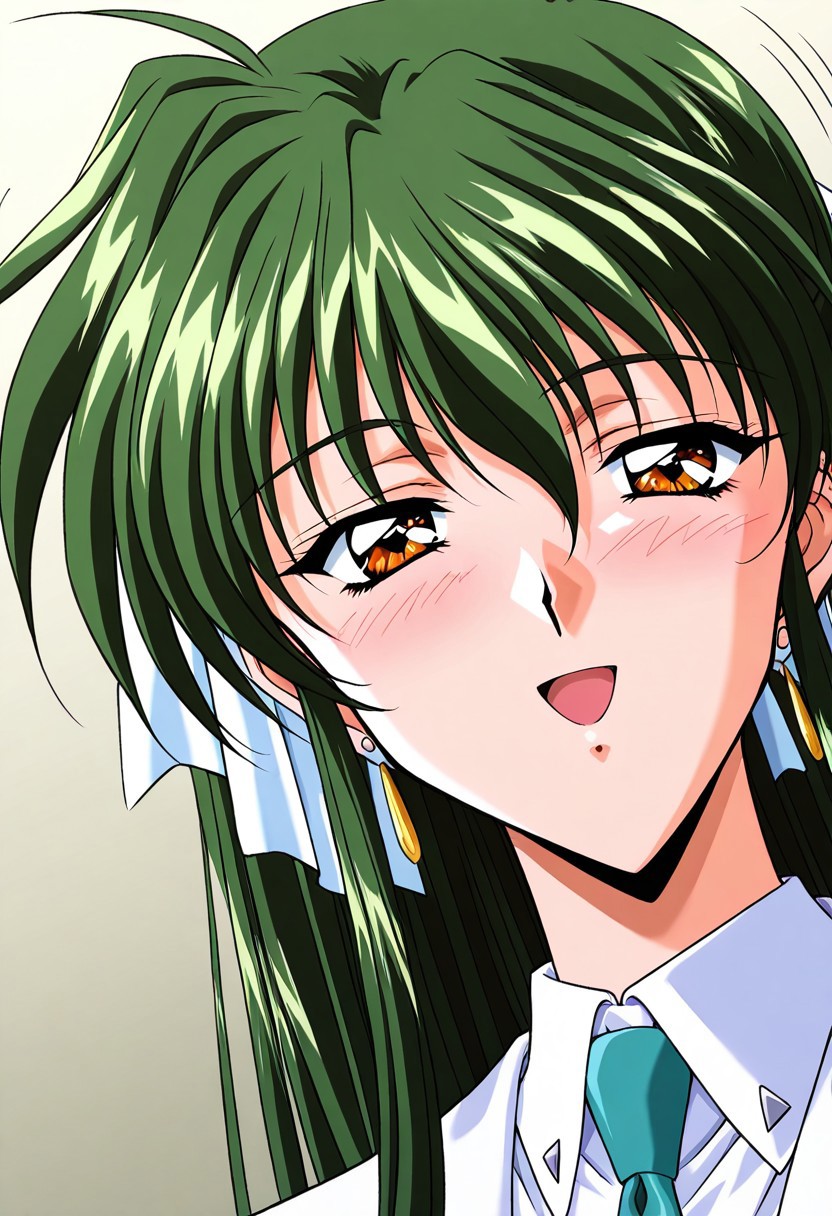 general,highres, ultra-detailed,very aesthetic,best quality ,best hands,masterpiece, best quality, newest, highres, score_9, score_8_up, score_7_up, source_anime, rating_explicit,1girl, yokota mamoru style,motion lines,,Very straight nose,slim,slender face,perfect nose,1990s (style)
Sendou Hitomi, Green Hair, Sidehair, Waist Length Hair,Amber Eyes,Necktie, Ribbon Hair Tie
 anime screencap,Slim solo, open eyes, earrings, jewelry, long hair, blush, close-up,, dutch angle, portrait,happy,full dressed