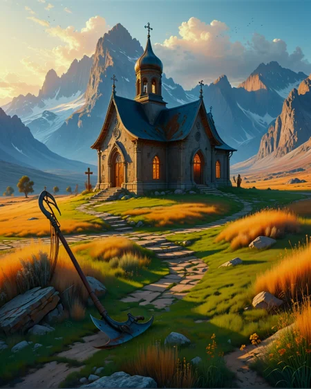 Surreal Landscape ,Creator Landscape,(style ofAlexander Ivanov (Biblical landscapes)),Granite mountain range at twilight,rusted scythe in grass,medieval leper colony chapel,
<lora:extremely_detailed:0.8> extremely detailed,
<lora:add-detail-xl:0.3>,
<lora:dreamshaperXL10_lora:0.3>
detailxl,
advntr,