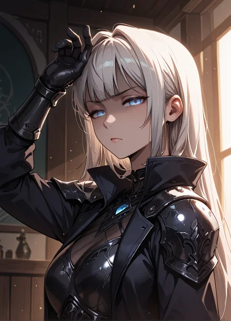 HDR,masterpiece, absurdres, newest, highres, very aesthetic, detailed eyes, fit body, godrays, ambient occlusion, soft lighting, highest quality, (volumetric lighiting:1.1), realistic skin, low lighting, trending on artstation, gothic,
adult, LGSPX, (anime screencap:1.3), anime screencap, 1girl, Namgoong Bi-Ah, solo, long hair, white hair, bangs, blue eyes,
BREAK
armor, tall coat, open coat, long collar, serious, half-closed eyes, shoulder armor, black bodysuit, armor, plated armor on gloves, looking at viewer, upper body, angry, from side, (half-shaded face:1.1), glowing eye, raised arm, hand up, armored hand, gauntlets, dark coat, detailed, (shiny skin), soft shaded, dark, Low-key lighting, depth of field, oudoors
<lora:princess_xl_v2:0.6> <lora:add-detail-xl:0.25> <lora:30_LOL:0.6> <lora:g0th1cPXL:0.4> <lora:Namgoong_Bi-Ah:0.5>