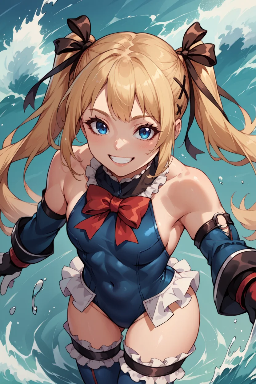 score_9, score_8_up, score_7_up, score_6_up, source_anime, BREAK 1girl <lora:marierose-pdxl-nvwls-v1-000006:1> doamarie, blonde hair, twintails, hair ornament, hair ribbon, frilled choker, red bowtie, blue one-piece swimsuit, frilled swimsuit, blue sleeves, detached sleeves, gloves, blue thighhighs, frilled thighhighs, smile, happy, partially submerged, ocean, waves, splashing, looking at you