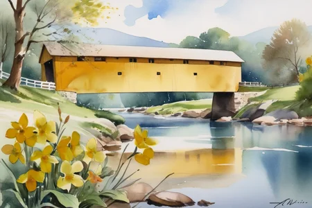 <lora:transparent-watercolorV02:1> transparent-watercolor, <lora:Wolvie_n3br1dg3s_v1.1:1> n3br1dg3s, watercolor painting of a covered bridge, river cross view, painted yellow, signature by "A.I. Wolvie", master painter, 1850s, spring, flowers blooming, bright colors