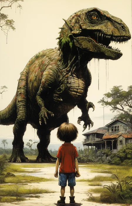 masterpiece,best quality,<lora:tbh275-sdxl:0.9>,illustration,style of William Stout,jurassic park, portrait of family