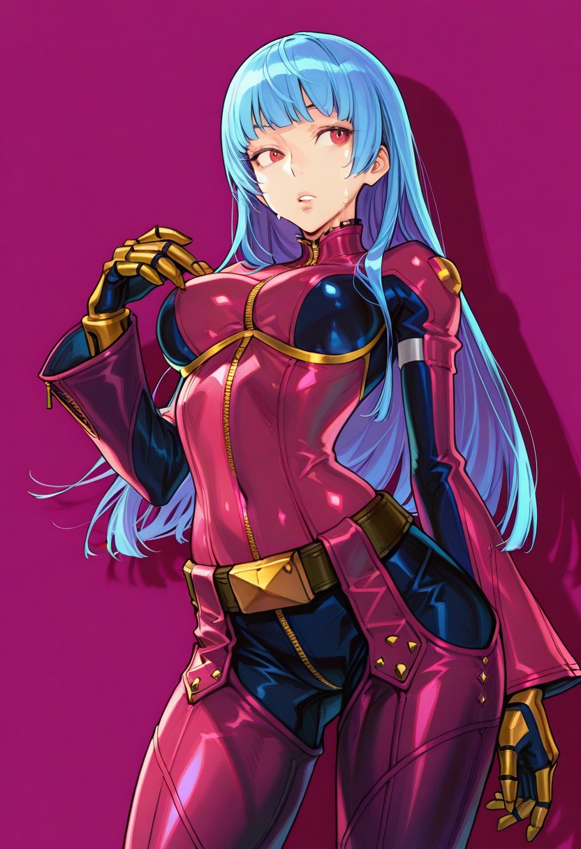 masterpiece, best quality, very aesthetic, absurdres, 
1girl, cowboy_shot, solo, vanillaware, 
breasts, revealing clothes, cowboy shot, (masterpiece),(best quality),(ultra-detailed),(best illustration),(best shadow),(absurdres),(detailed background),(very aesthetic)
,
NishimuraXL,
,wet,sweat drop, kula diamond, 1girl, solo, long hair, blue hair, gloves, breasts, zipper, red eyes, bangs, chaps, red lavender bodysuit,  gloves, gold gloves,  mechanical gloves,belt, covered navel