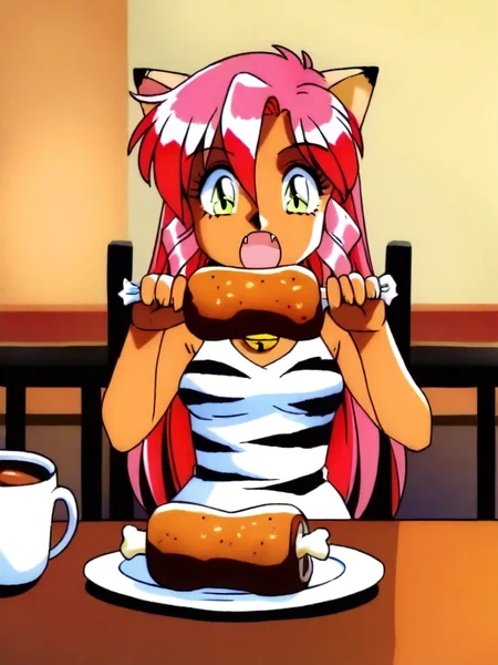 Pink_DragonPink, tail, cat ears, sleeveless dress, white tiger print, neck_bell, fangs, cafe, table, eating, two-handed, holding boned meat, plate, chair, masterpiece, very aesthetic, <lora:pink-illustrious-v2:1>