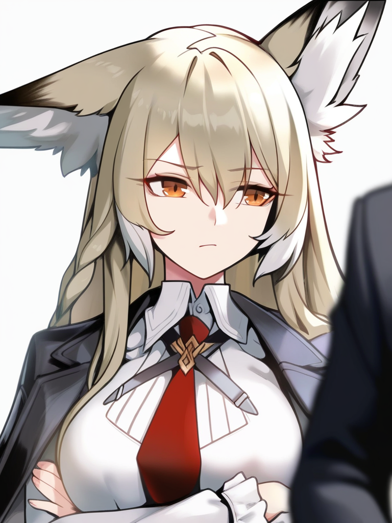 masterpiece, best quality, very aesthetic, highres, absurdres,(miurahha, bacius, ririko \(fhnngririko\):0.4), <lora:vulpisfoglia:1>,collared shirt, 1girl, long sleeves, white shirt, black necktie, upper body, red necktie, solo focus, simple background, crossed arms, closed mouth, vulpisfoglia (arknights), animal ear fluff, black jacket, white background