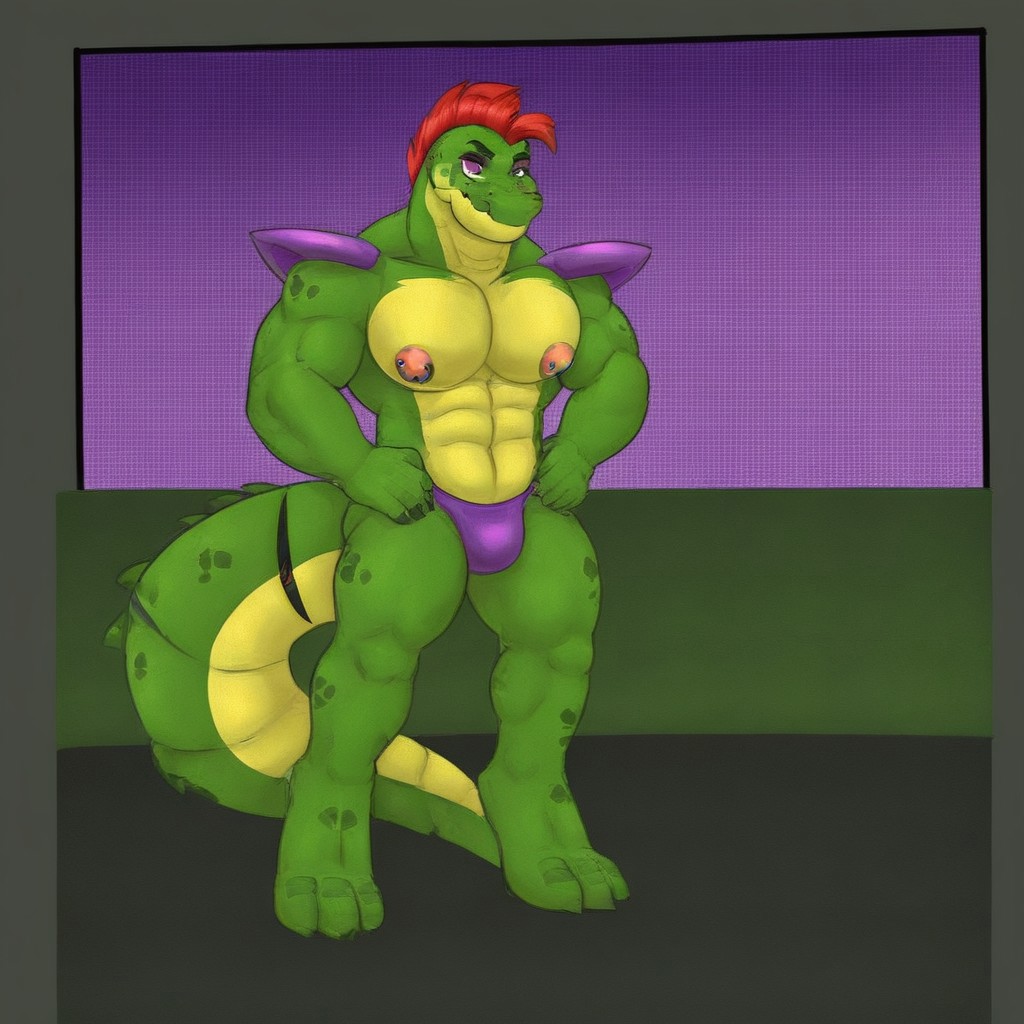 fnaf monty gator, fnaf character monty gator, monty gator, used condom hanging from mouth, sexy outfit,  male, standing, full body in frame, red hair, alligator tail, nipple piercings