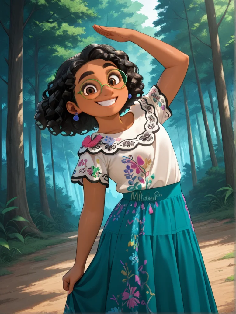 masterpiece, best quality, amazing quality, very aesthetic, absurdres, newest, detailed background, outdoors, dynamic angle, cartoon, cowboy shot, forest,
mirabelxd, 1girl, solo, dark-skinned female, earrings, skirt, smile, brown eyes, jewelry, black hair, curly hair,shirt, sandals, looking at viewer, aqua skirt, floral print, green-framed eyewear, long skirt, short sleeves, glasses, white shirt, print shirt, dancing
<lora:Mirabel_-_Disney_Illustrious:1>