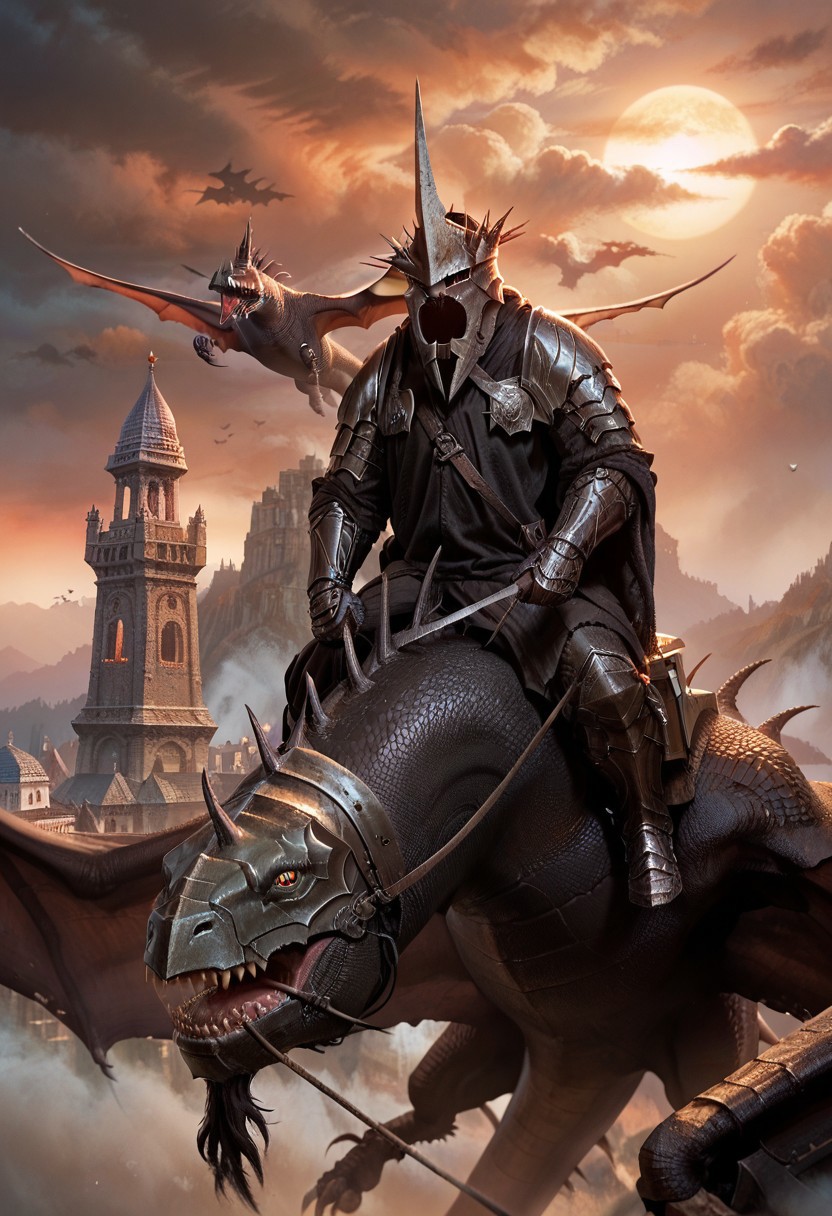 Score_9, score_8_up, score_7_up, Witch King,
sky, riding dragon, armored dragon, simple background, ancient towers, holding flail, nigh, flying, front view, armor, full armor, mist, helmet spikes, close-up, full body, shredded clothing