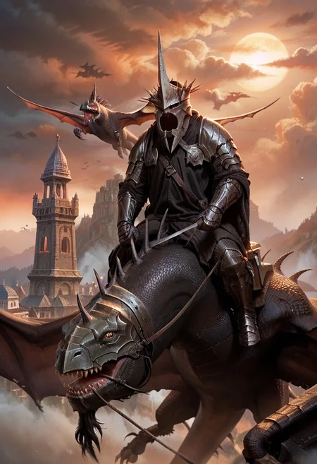 Score_9, score_8_up, score_7_up, Witch King,
sky, riding dragon, armored dragon, simple background, ancient towers, holding flail, nigh, flying, front view, armor, full armor, mist, helmet spikes, close-up, full body, shredded clothing