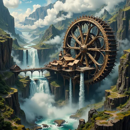 A colossal, intricate fantasy steampunk waterwheel, adorned with brass filigree and copper accents, powers a majestic floating village, with thatched roofs and billowing smoke, suspended high above the mist-shrouded depths by a latticework of wooden beams and steam-powered pulleys, as a gargantuan, surreal waterfall cascades down a sheer, rugged cliffside, its torrential waters churning the wheel's massive, toothed cogs, surrounded by a halo of mist and spray, evoking the atmospheric, cinematic scenery of Syd Mead, the mechanical, industrial elegance of H.R. Giger, and the epic, dreamlike quality of Zdzisław Beksiński.