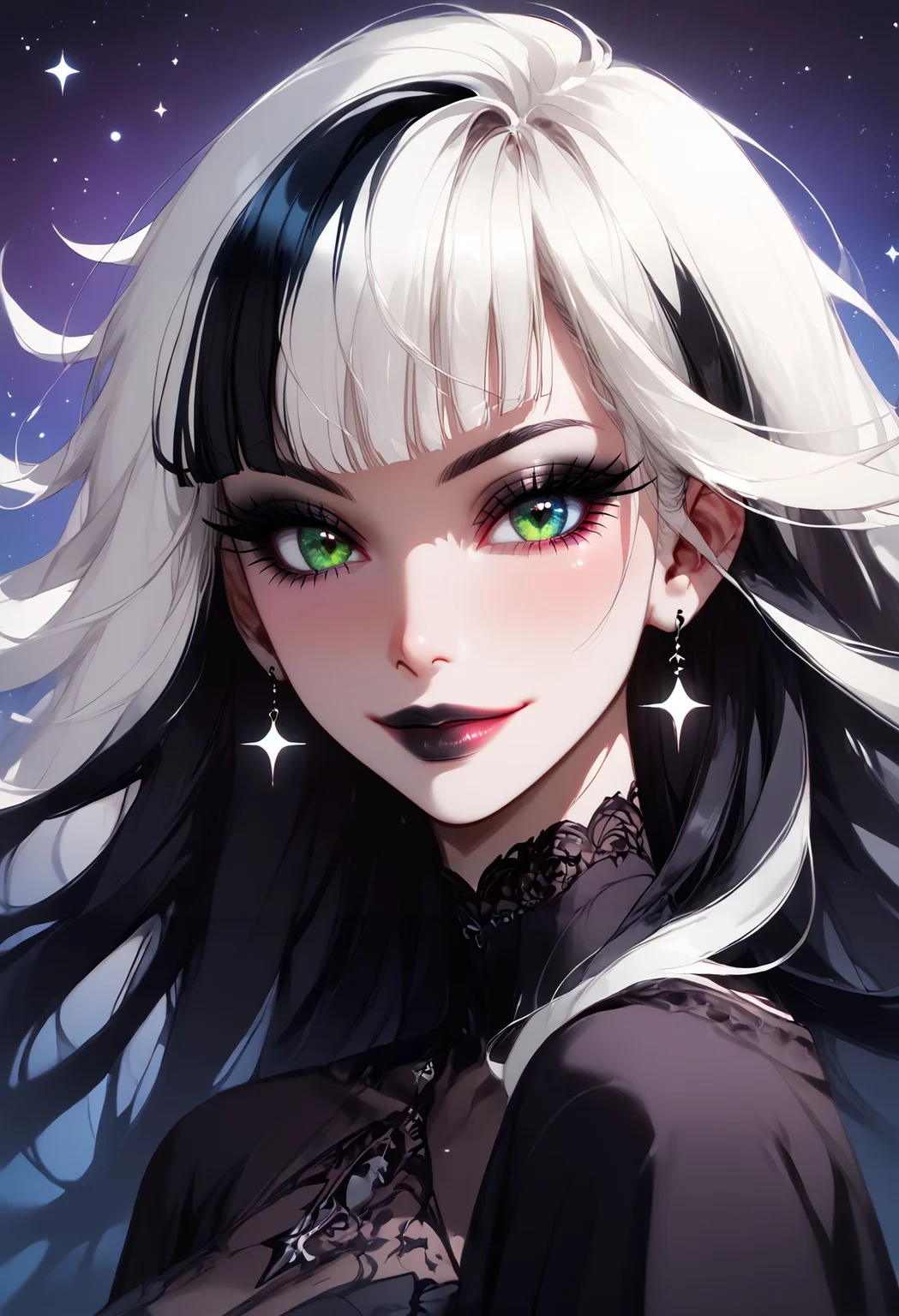 zPDXL3, score_9,score_8_up,score_7_up, stunning eyes, protruding lips, lipstick, eyeliner, eye shadow, beautiful and intricate hair, high-res, beautiful aesthetic, very intricate, high quality details.
1girl, Goth girl, heterochromia, blue and green eyes, long eyelashes, bangs, stars, sparkling colors, long goth hair, white hair, black hair, streaked hair, multicolored hair, sexy pose, goth outfit, wind blowing hair, evil smile, night <lora:cutesexyronutts_style_xl:0.3> <lora:Expressive_H:1> <lora:incase-ilff-v3-4:0.5> <lora:PossumMachine_v2:0.5> <lora:MythAnim3Style:0.45> <lora:T-Rex_Studio_Style_v2.0:0.8> <lora:gg3:0.8>