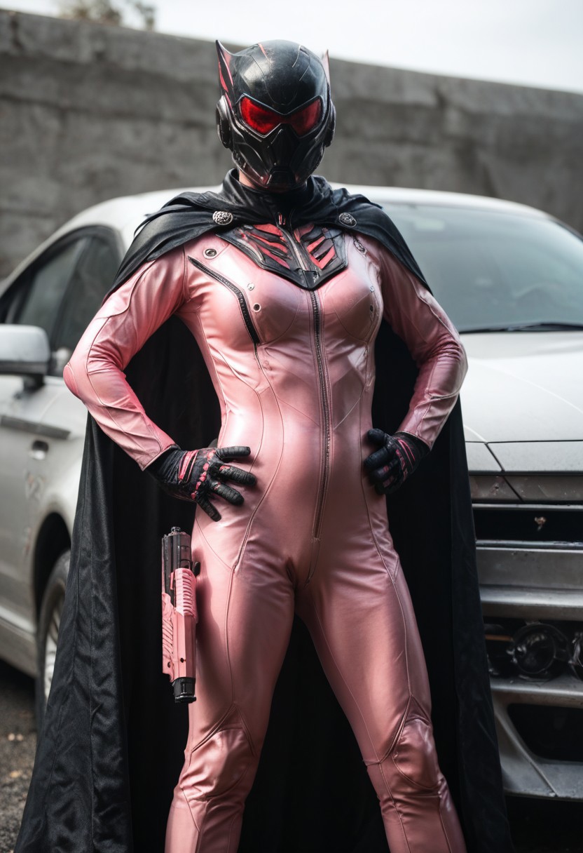 masterpiece, best quality, 32k, high resolution, absurdres, realistic, sentairanger, handgun, hands on own hips, vehicle-theme, cape, sheath, clenched hand, legs apart, pink bodysuit, ray gun, holding weapon