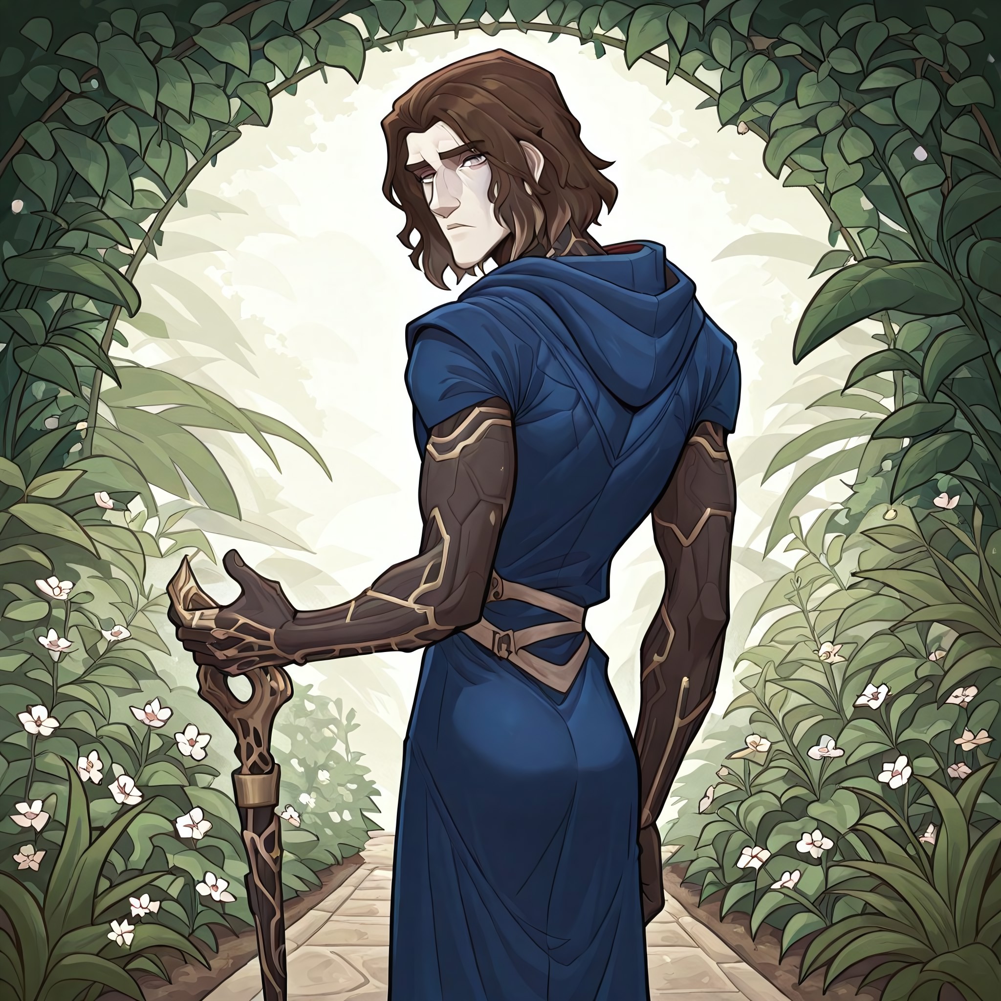w0lfc0nf, 1 boy, brown hair, medium hair, single male, from the behind, Arcane \(Series)\, offering hand, looking back at viewer, masculine features, gray eyes, posing, slim, blue robe, slim, pale skin, broad shoulders, standing up, natual background, plants, garden, white flowers, hooded eyes, holding cane, masterpiece, perfect quality, best quality, detailed, cool composition, newest, very aesthetic