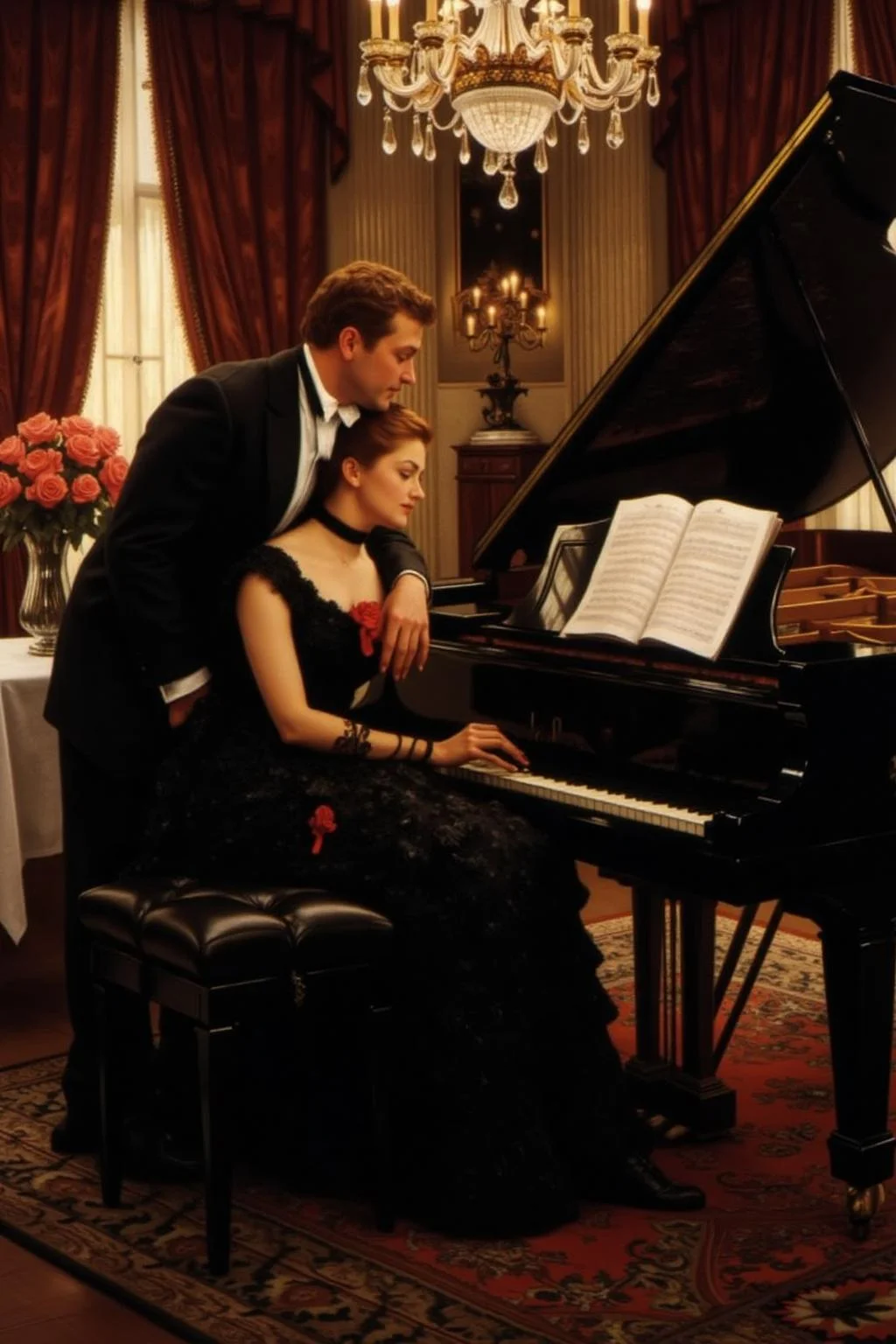 jati1 painting
A romantic and elegant scene of a couple flirting beside a grand piano in a luxurious, softly lit room. The man, wearing a tailored black suit with a crisp white shirt, leans casually against the piano, gazing warmly at the woman. She is dressed in an exquisite evening gown, her posture relaxed yet graceful as she sits on the piano bench, her hand lightly resting on the keys.
The piano, a polished ebony grand, gleams under the warm glow of a crystal chandelier, with an open sheet of music resting on the stand. The room is adorned with refined details, including rich velvet curtains, a Persian rug, and a vase of fresh roses on a nearby table. The atmosphere is intimate and sophisticated, evoking a timeless sense of romance and charm
<lora:jati1_cap_d6a3:1.0><lora:817311720998594735:0>