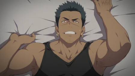 1boy, GridHalf, (scar on face), scar over nose, cross scar on face, facial hair, earring, black shirt, bare arms, score_8_up, score_7_up, score_6_up, score_9_up, face_focus, a muscular male soldier lying on bed at Middle Ages bed room, viewer's hand touching face, from above, top down view, looking_up, fantasy, ancient ,medieval, short hair, hairy, muscular, centered, looking at viewer,  8k uhd, high quality, face_focus, armpit, painful emotion, ((cry)), teeth