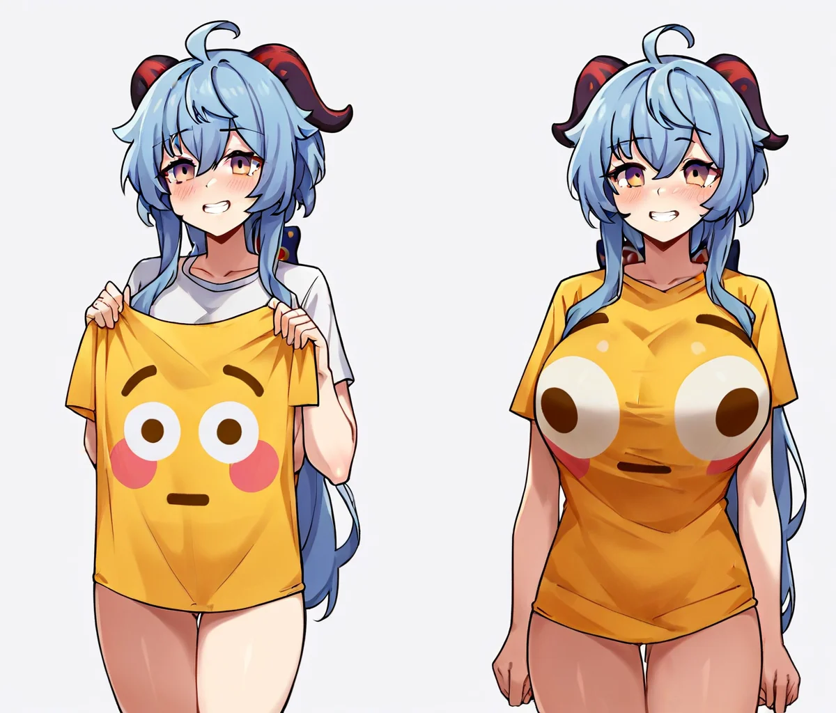 score_9, score_8_up, score_7_up, score_6_up, score_5_up, score_4_up, BREAK, flushed_emoji_shirt, 1girl, multiple views, thighs, <lora:flushed_shirt_meme_civit:0.8>, t-shirt, ((large breasts)), simple background, grin, ((oversized breasts)), ganyu \(genshin impact\)