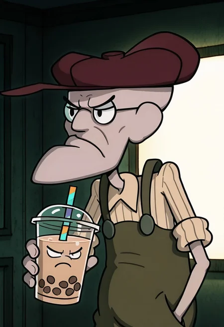IllusP0s, solo, 1boy, Eustace, Bagge, green jacket, red and white striped shirt, pointy chin, Green overalls, yellow shirt, hat, glasses, (grumpy expression:1.3), close-up, contrast lighting, front view, looking down, holding bubble tea, bubbles, drinking,