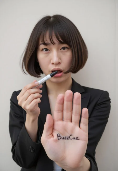 FictionalAyumi, holding a black marker, the word "BuzzCuz" written on the palm of her hand