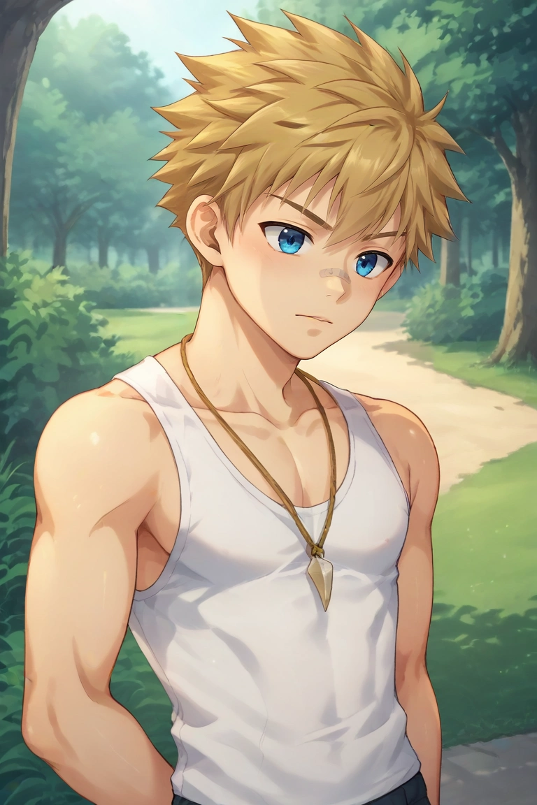 score_9, score_8_up, score_7_up, source_anime, rating_safe, intricate details, anime screencap, , , , , 1boy, solo, male focus, <lora:connor_bleufin_pony:0.9>, connor_bleufin, blonde hair, blue eyes, short hair, spiked hair, bandaid on face, necklace, profile, park, day, arms behind back, :\3, , <lora:sdxl_lightning_8step_lora:1>