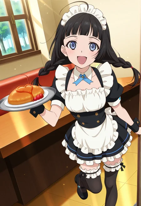 indoor, restaurant, trees, windows, light beams,
BREAK,
open smile, blush, standing on one leg,
full body, dynamic angle,
BREAK,
<lora:kohak_illustriousXL_v03:1>
kohakrnd, black hair, twin braids, long hair, blunt bangs, ahoge,
kohakmd, breast cutout, maid uniform, miniskirt, frilled skirt, apron, short sleeves, wrist cuffs, black cuffs,
black thighhighs, black mary janes, frilled thighhighs,, source_anime, very aesthetic, anime coloring, masterpiece,
best quality, amazing quality, ultra detailed, very aesthetic,
detailed background,
BREAK,